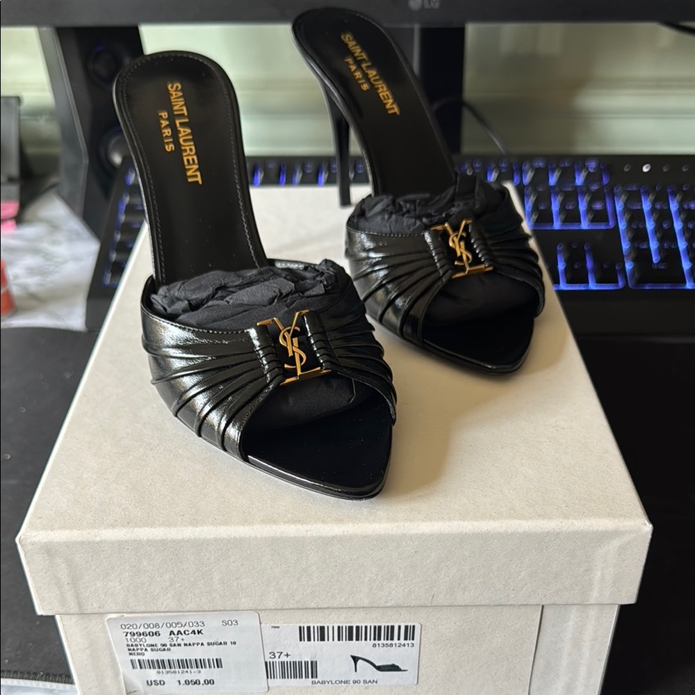 Saint Laurent Black Heels with Gold Logo YSL